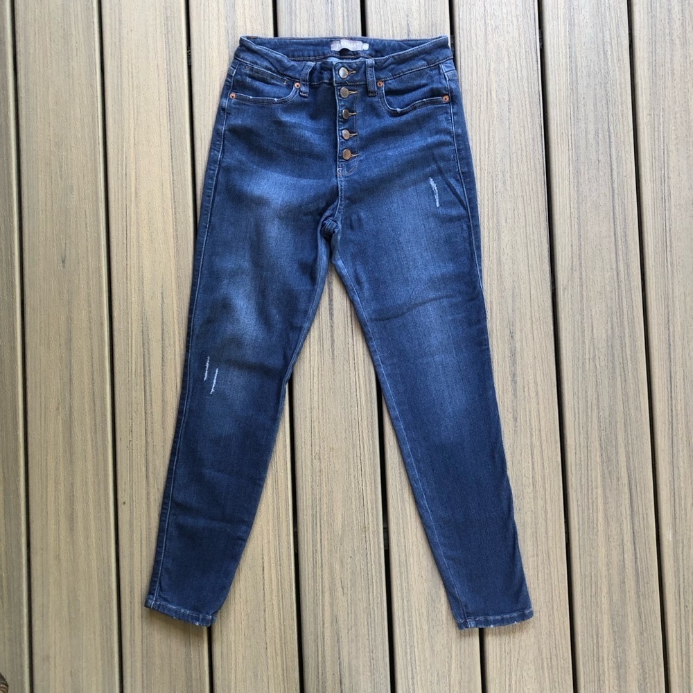 Just USA Classic Button Fly Blue Denim Straight Leg Distressed Jeans Size 29